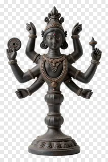 Black statue of Durga with four arms holding objects.