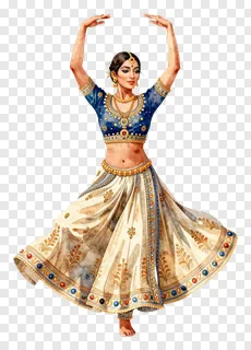 A woman dancing Garba in a blue and cream lehenga with gold details.