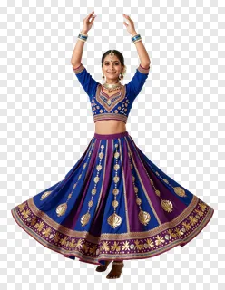 A woman in a blue and purple embroidered lehenga dancing with arms raised.