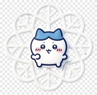 A cartoon cat with a blue bow inside a snowflake doily.