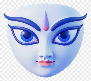 A blue-faced Durga with curved eyebrows and large eyes.