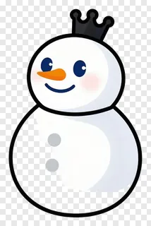 A smiling snowman wearing a black crown.