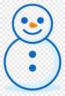 A snowman with blue eyes and an orange nose.