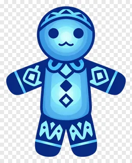 A blue glowing corn husk doll with outstretched arms.