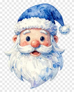 Watercolor illustration of Santa Claus face with blue hat.
