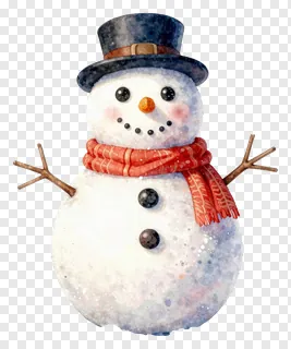 A watercolor snowman wearing a blue hat and red scarf.