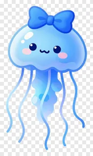 A blue cartoon jellyfish wearing a bow.