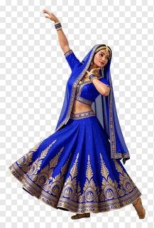A woman in a blue lehenga dancing the garba.