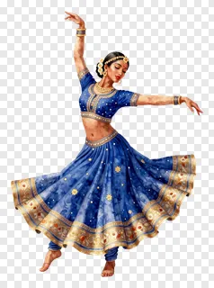 A watercolor-style dancer in a blue lehenga performing a Garba dance.