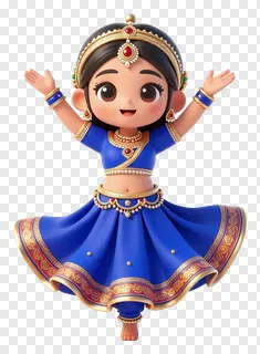 Cartoon girl dancing in blue traditional Indian attire.