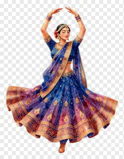 A woman dancing Garba in a blue lehenga with raised arms.