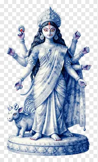 Statue of Goddess Durga in blue marble finish with eight hands and a deer companion.