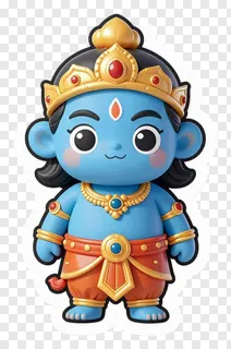 A blue cartoon Ravana effigy with a golden crown and orange waistband.