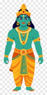 Blue Ravana effigy standing front view with golden accessories.