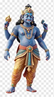 Blue Ravana effigy with four arms and ornate jewelry.