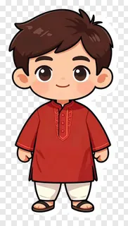 Cartoon boy in red traditional kurta pajama outfit.