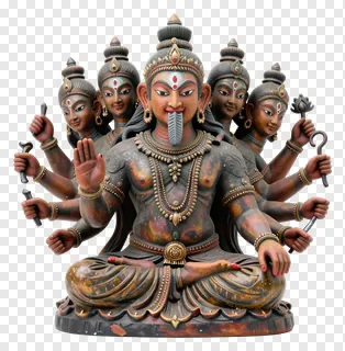 Bronze statue of Ravan with ten heads and extended tongue.