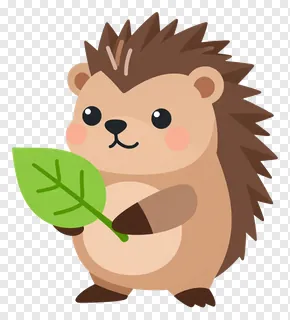 Cartoon hedgehog holding green leaf