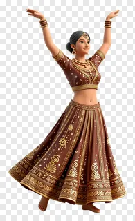 A woman dancing garba wearing a brown embroidered dress with hands up.