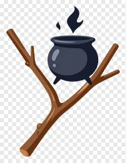 Cartoon-style broomstick topped by a steaming cauldron.