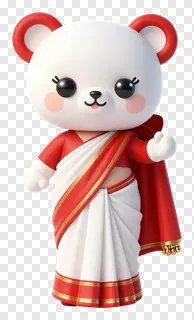 A cartoon bear dressed in a white and red Bengali saree.