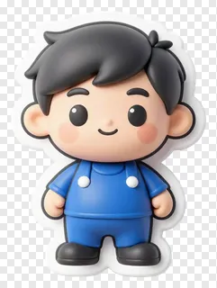 A smiling cartoon boy in blue overalls.