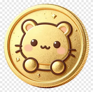 A golden coin with a cute bear face and button hands.