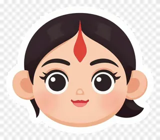 Cartoon face of Durga Maa with red bindi and dark hair.