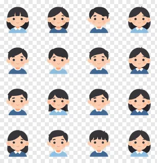 Grid of cartoon avatars with varied hairstyles and shirt colors.