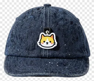 Denim baseball cap featuring a cartoon cat face emblem.