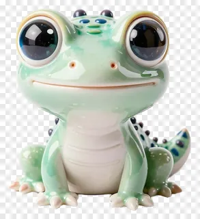 Ceramic gecko with glass eyes and a smiling face.