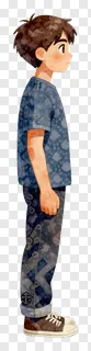 Side profile of a young animated character in casual wear.