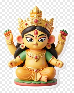A cartoon-style Durga idol with raised hands holding fruits.