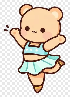 A small bear dancing in a blue dress.