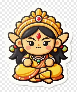 A cartoon goddess Durga in a seated pose.