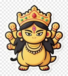 A cartoon Durga wearing a crown and jewelry.