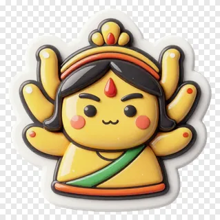 Chibi Durga with eight arms and raised hands.