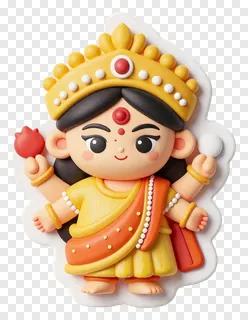Chibi Durga holding a red flower and white orb.