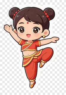 A chibi-style girl dancing in a red garba outfit.
