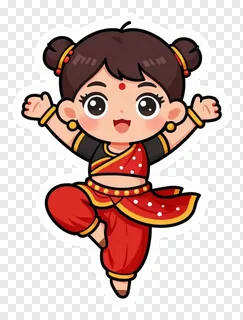 A chibi-style girl dancing in red garba costume with arms raised.