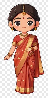 A cartoon woman in a red saree with gold details.