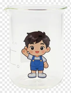Cartoon child waving on a glass beaker.