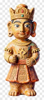 Standing clay idol with a jeweled crown and patterned clothing.