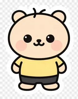 A cartoon bear character in a yellow shirt and black shorts.