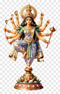 Vibrant eight-armed Hindu goddess Durga standing on a lotus base.