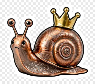 A copper-colored snail wearing a gold crown.