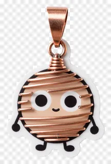 A cartoon pendant with copper wire spirals and a smiling face.