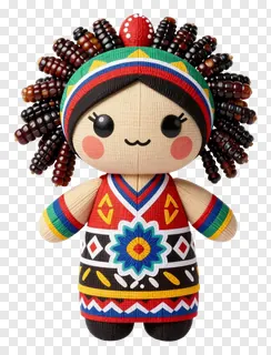 A corn husk doll with beaded hair and patterned dress.