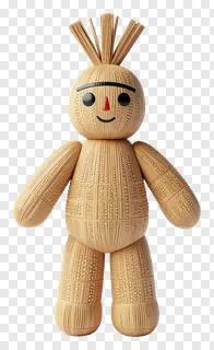 A corn husk doll with straw hair and a smiling face.