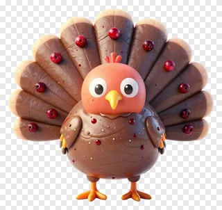 A cartoon turkey with cranberry sauce on its feathers.